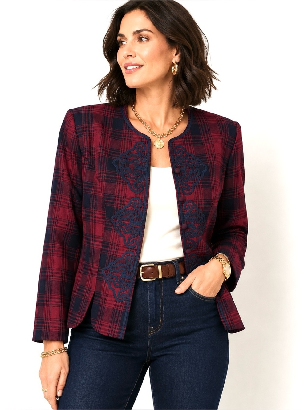 Vintage 90s Burgundy Navy Plaid Soutache Statement Blazer Jacket Preppy 1X